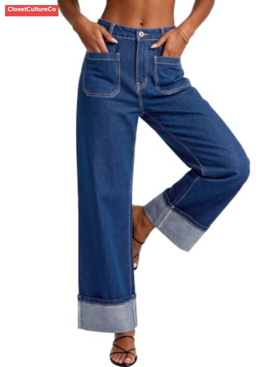 Denim - High Waisted Wide Leg Jeans Stretch Denim Cuffed Hem Casual
